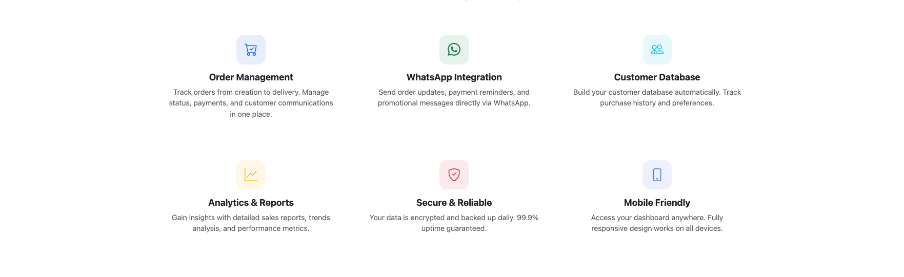 Cud Enterprise OMS dashboard features — order management, WhatsApp integration, customer database, analytics, and mobile-friendly design